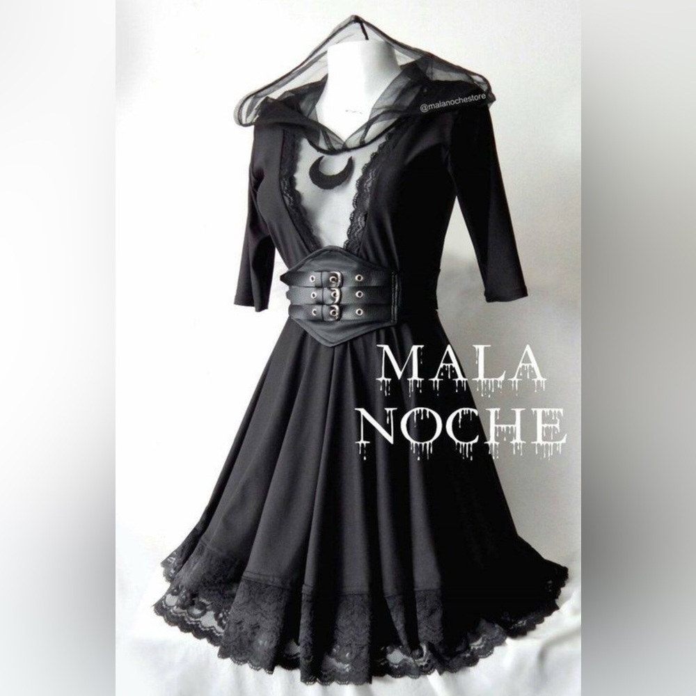Black Long Sleeve Hooded Gothic Swing Dress